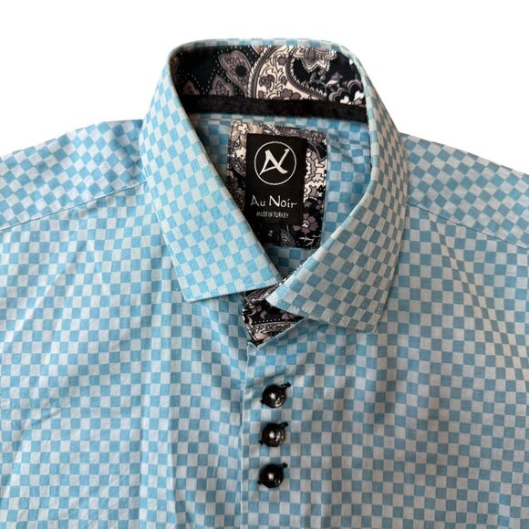 Au Noir Button-Down Shirt Mens Size 2 Small Short Sleeve Blue Checkered Stretch - Picture 1 of 7